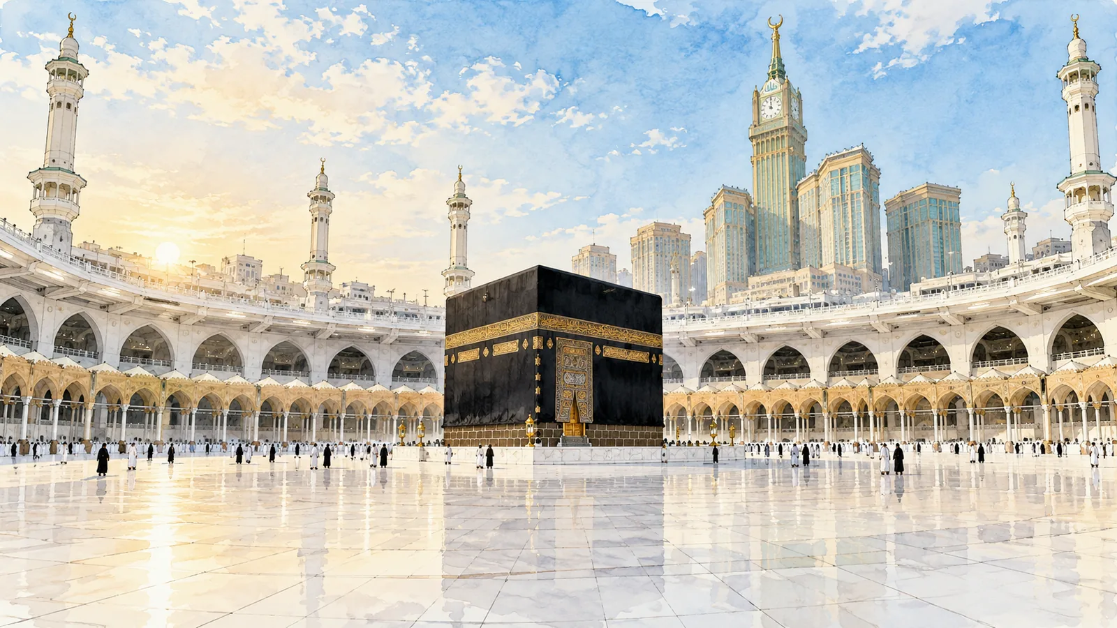 Ilustrasi cat air Kaabah dan halaman Masjidil Haram pada masa kini.