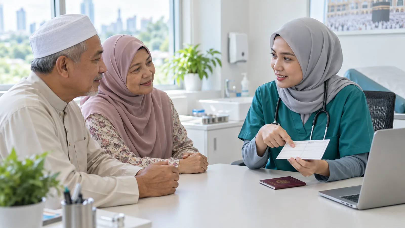 Doktor berbincang dengan pasangan jemaah tentang persediaan vaksin dan dokumen.