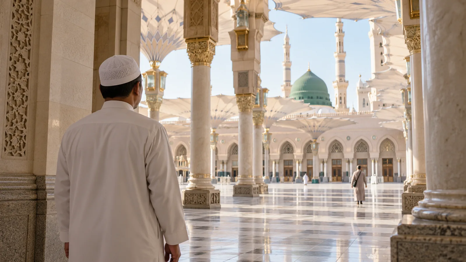 Seorang jemaah berdiri tenang di kawasan teduh dengan Masjid Nabawi di latar.